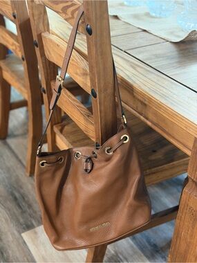 Michael Kors Camel Brown Leather Drawstring Tote with Gold Hardware